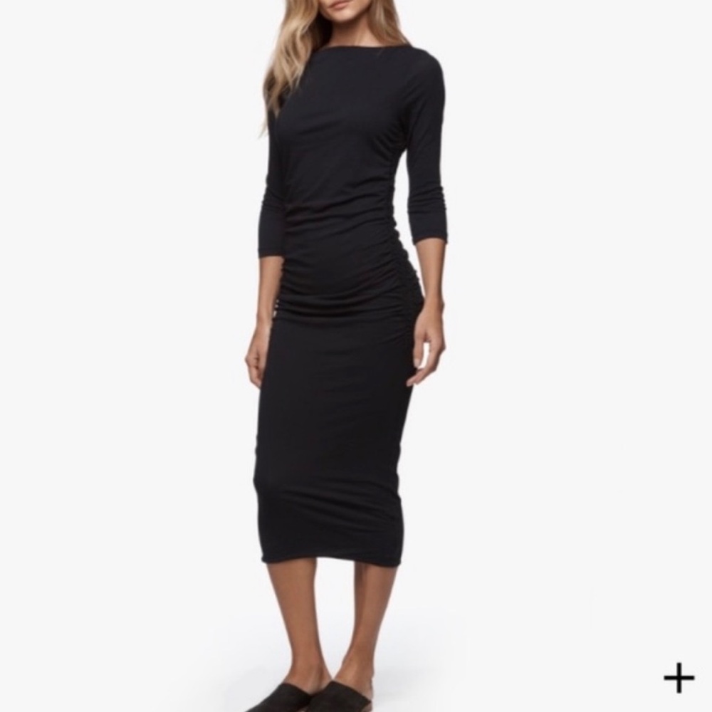 James Perse Black Shirred Bodycon midi dress size large
